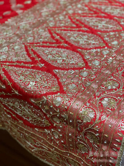 Red Floral Jaal Katan Silk Banarasi x Hand Embroidery