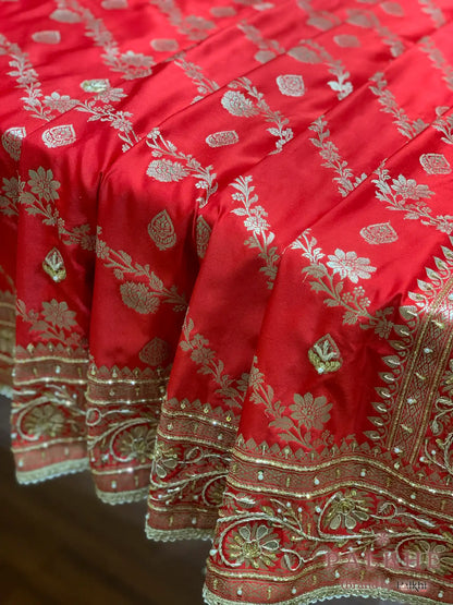 Red Floral Jaal Katan Silk Banarasi x Hand Embroidery