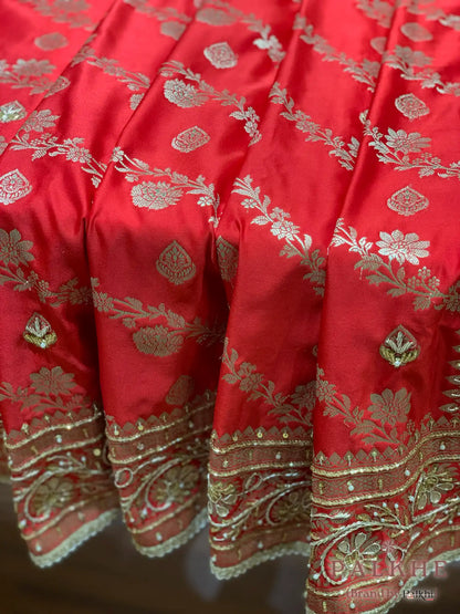 Red Floral Jaal Katan Silk Banarasi x Hand Embroidery