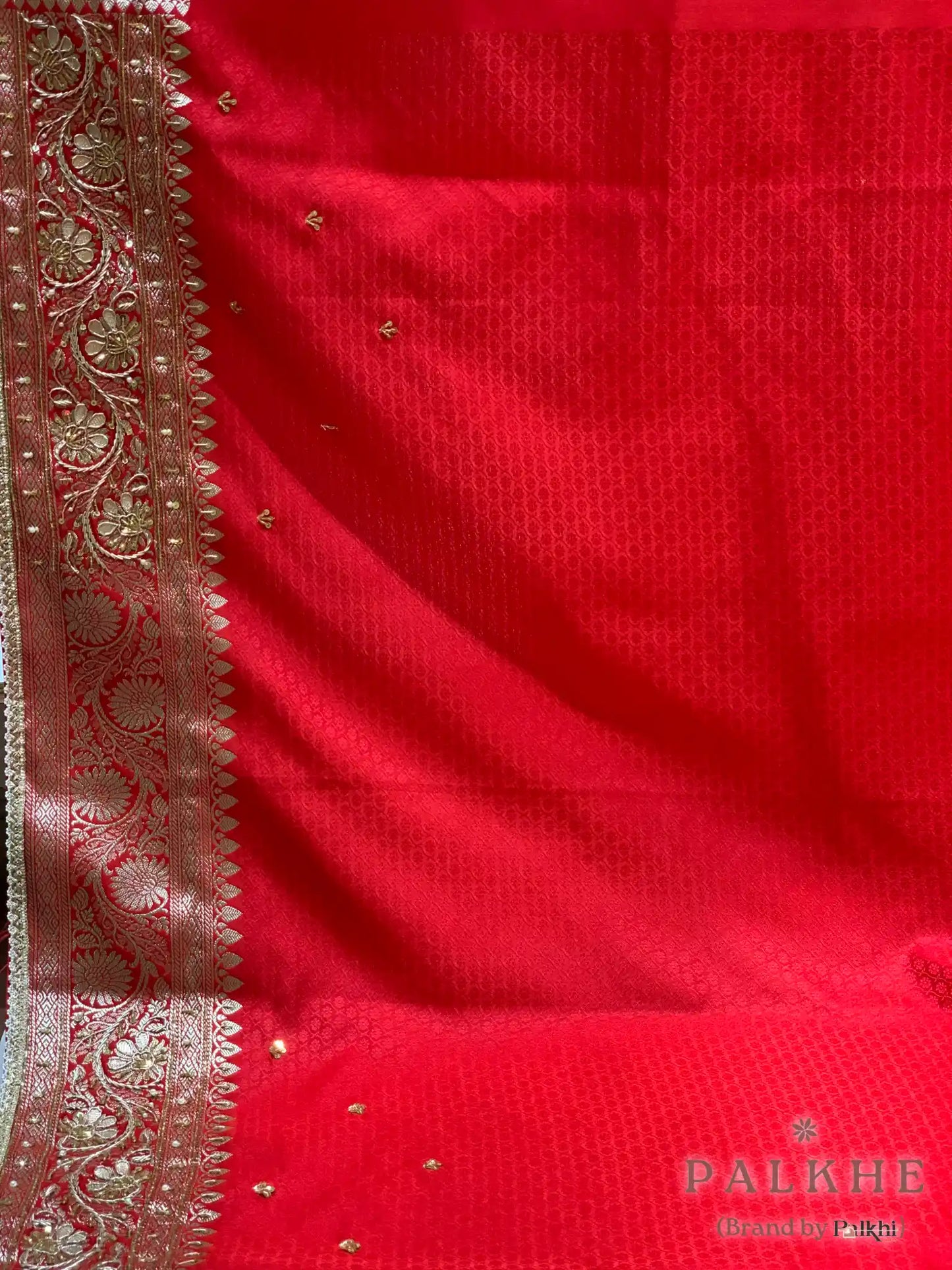 Red Floral Jaal Katan Silk Banarasi x Hand Embroidery
