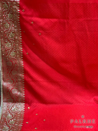 Red Floral Jaal Katan Silk Banarasi x Hand Embroidery
