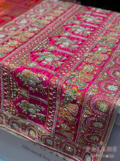 Rust Orange & Rani Pink Rankat Gajji Silk Banarasi x Hand Embroidery