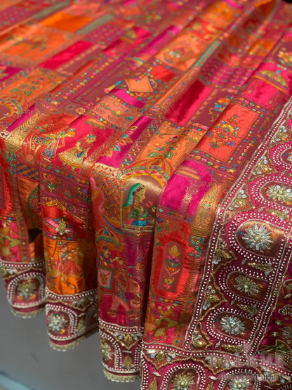 Rust Orange & Rani Pink Rankat Gajji Silk Banarasi x Hand Embroidery