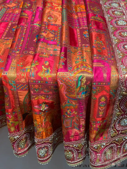 Rust Orange & Rani Pink Rankat Gajji Silk Banarasi x Hand Embroidery