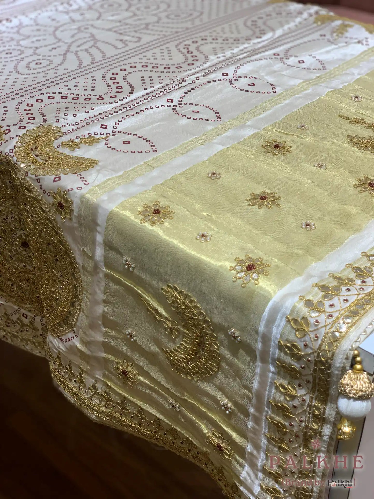 Cream Modal Silk Bandhej x Hand Embroidery