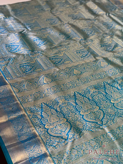 Blue Peacock Motifs in Pure Kanjivaram Silk