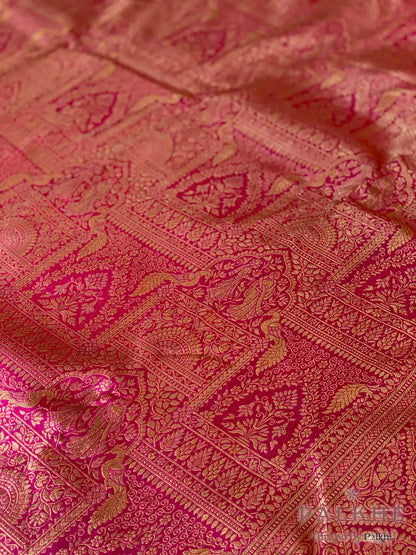 Rani Pink Peacock Motifs in Pure Kanjivaram Silk