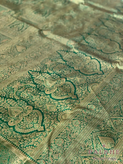Green Peacock Motifs in Pure Kanjivaram Silk