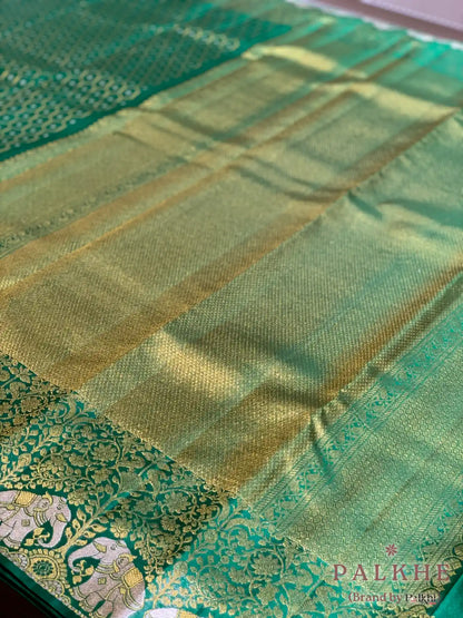 Bottle Green Geometric Jaal in Pure Kanjivaram Silk