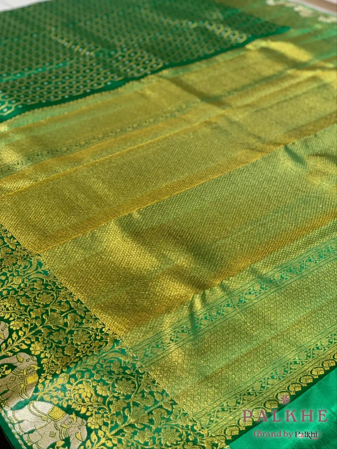Bottle Green Geometric Jaal in Pure Kanjivaram Silk