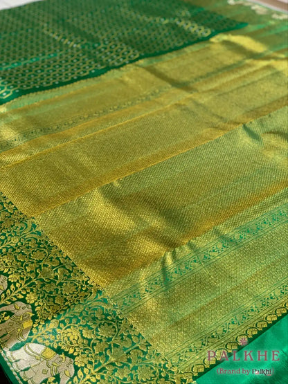 Bottle Green Geometric Jaal in Pure Kanjivaram Silk