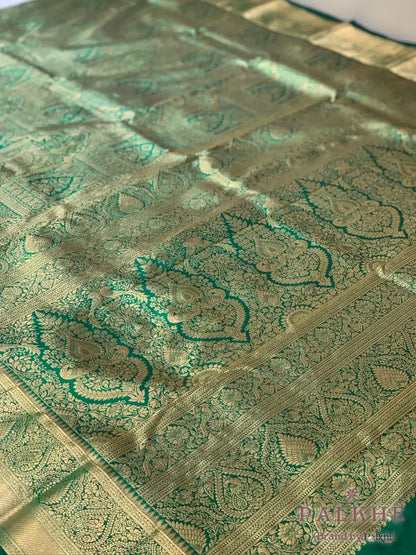 Green Peacock Motifs in Pure Kanjivaram Silk