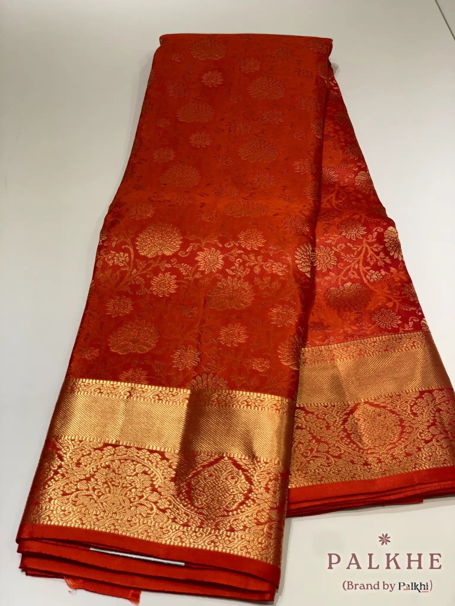 Orange Floral Jaal in Pure Kanjivaram Silk