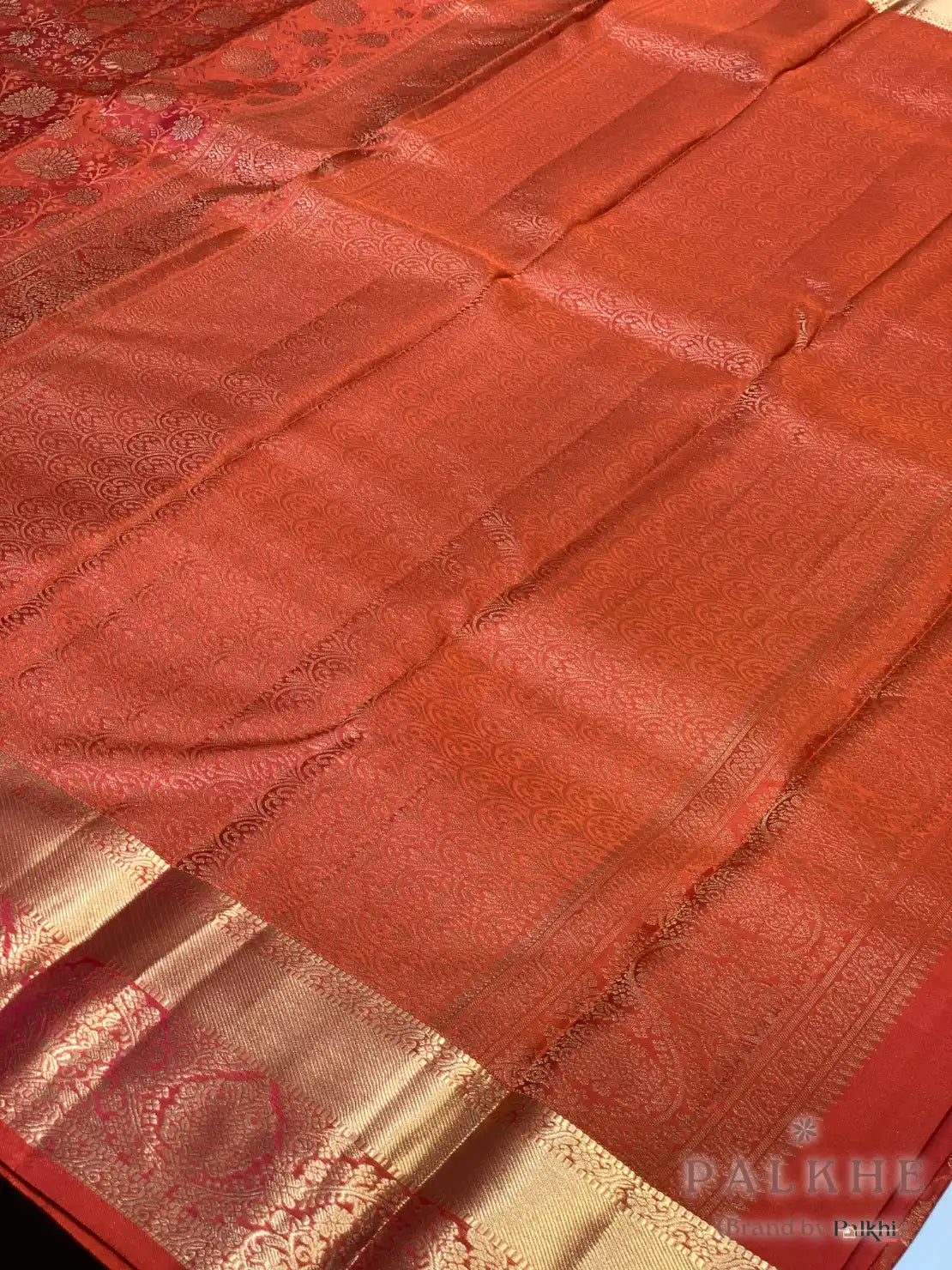 Orange Floral Jaal in Pure Kanjivaram Silk