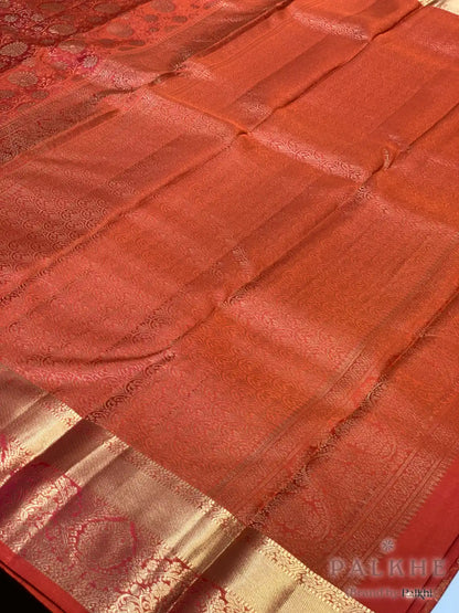 Orange Floral Jaal in Pure Kanjivaram Silk