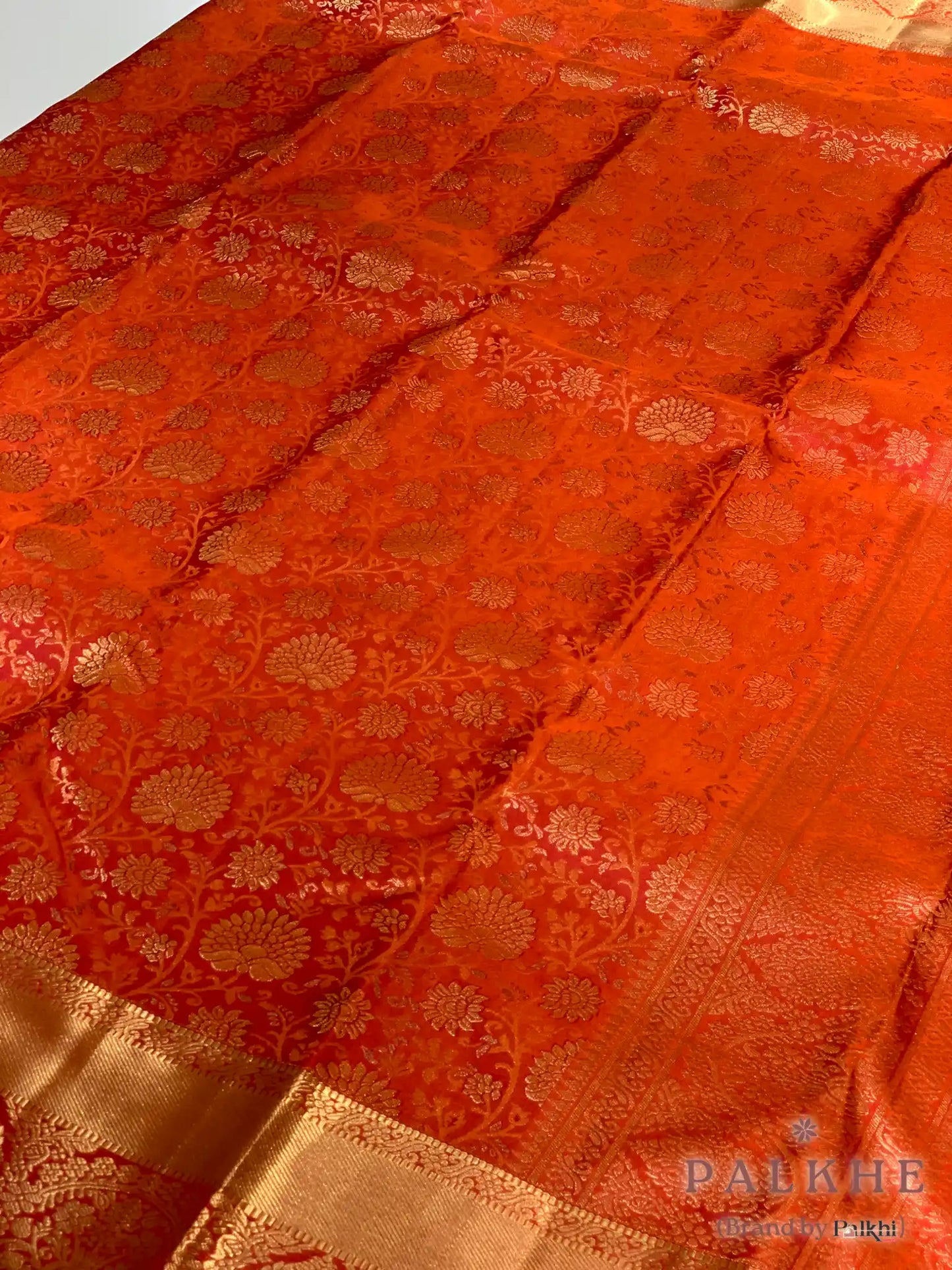 Orange Floral Jaal in Pure Kanjivaram Silk