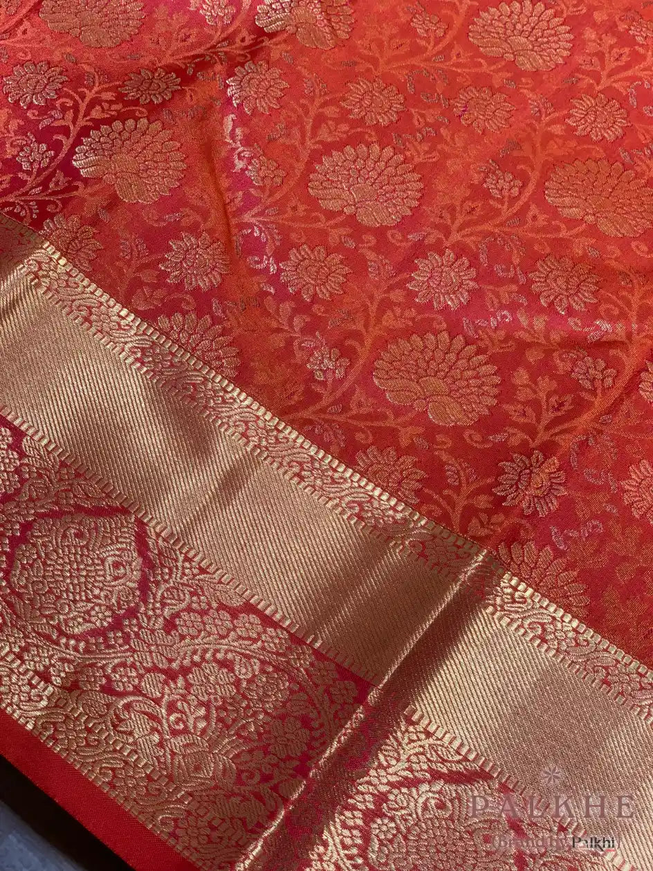 Orange Floral Jaal in Pure Kanjivaram Silk