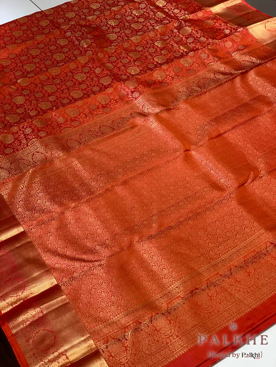 Orange Floral Jaal in Pure Kanjivaram Silk