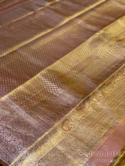 Gold & Pink Geometrical Brocade in Pure Tissue Kanjivaram Silk