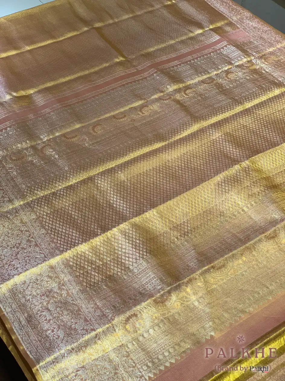 Gold & Pink Geometrical Brocade in Pure Tissue Kanjivaram Silk