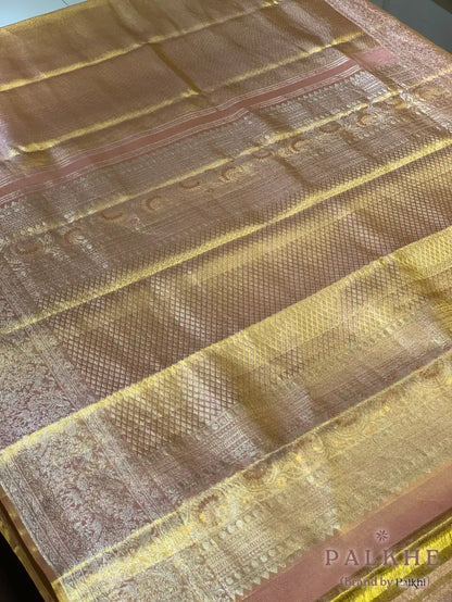 Gold & Pink Geometrical Brocade in Pure Tissue Kanjivaram Silk