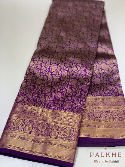 Purple Floral Jaal in Pure Kanjivaram Silk