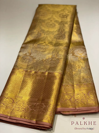 Gold Floral Jaal in Pure Kanjivaram Tissue Silk