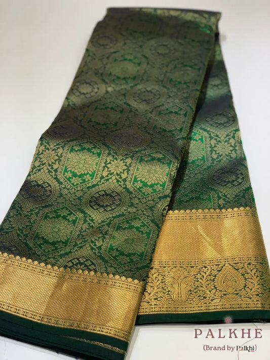 Dark Green Floral Jaal in Pure Kanjivaram Silk
