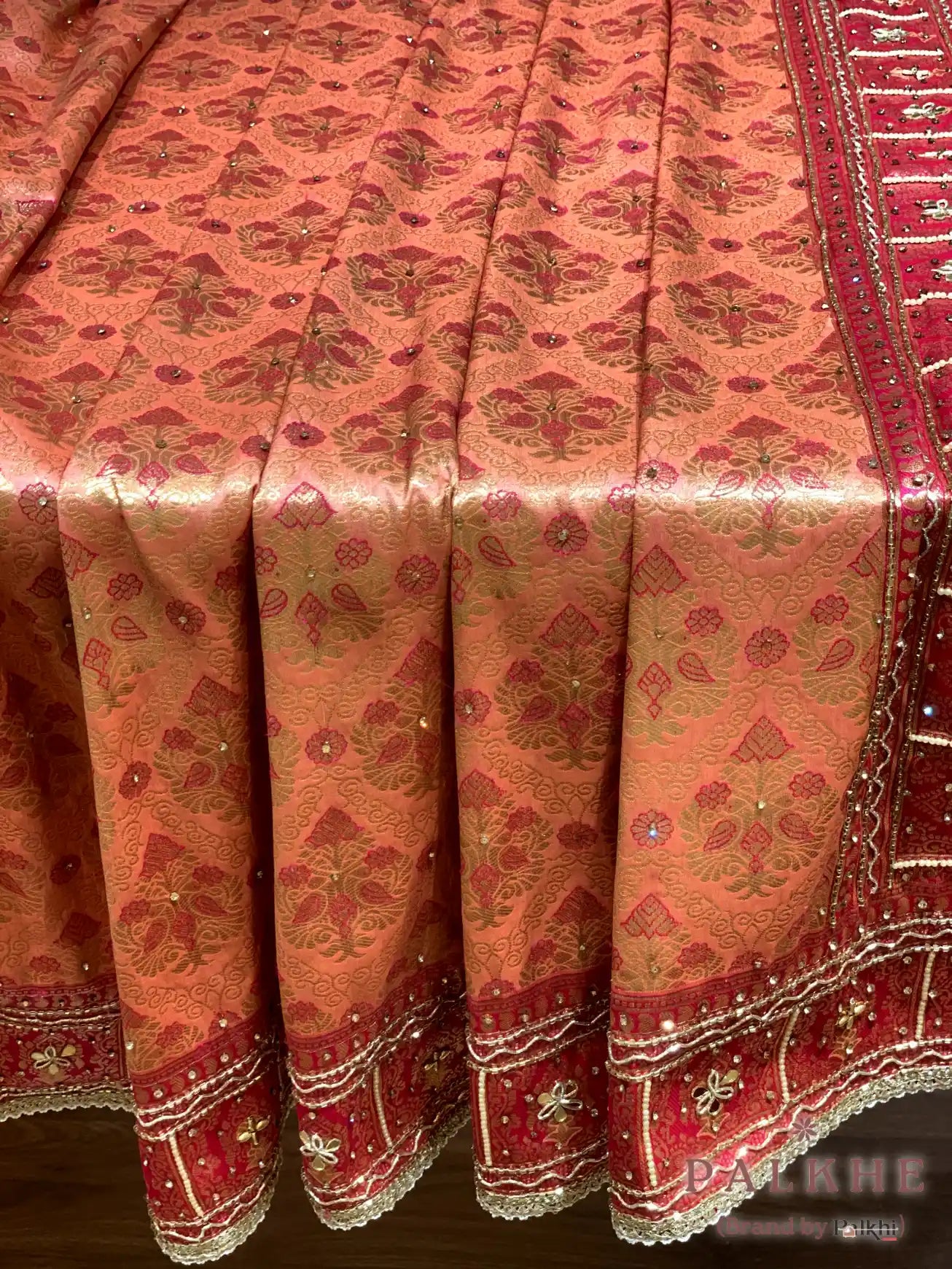 Peach Floral Jaal Semi Silk Kanjivaram x Hand Embroidery