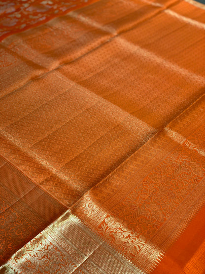 Rust Orange Floral Jaal in Pure Kanjivaram Silk