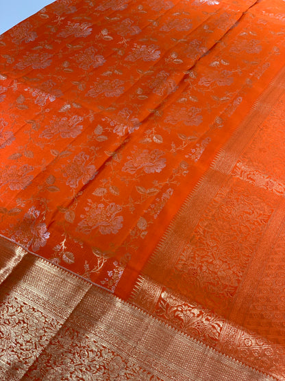 Rust Orange Floral Jaal in Pure Kanjivaram Silk