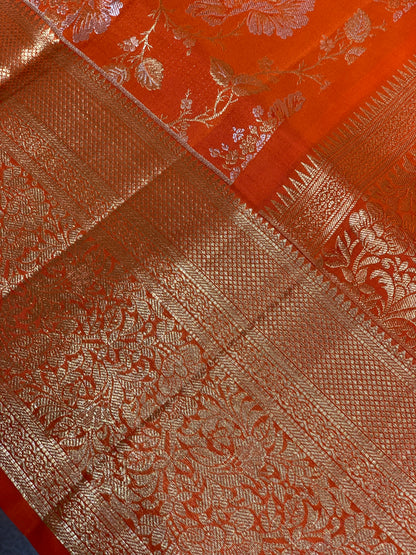 Rust Orange Floral Jaal in Pure Kanjivaram Silk