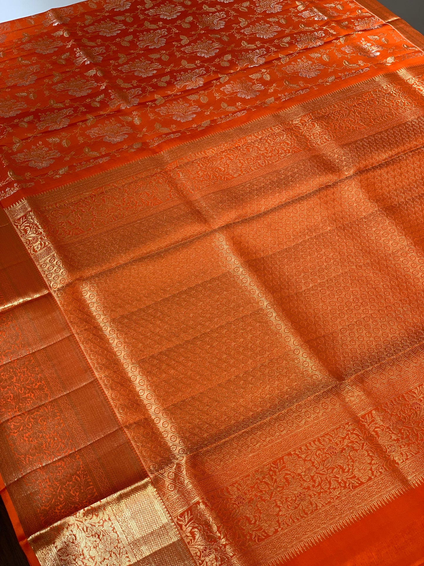 Rust Orange Floral Jaal in Pure Kanjivaram Silk