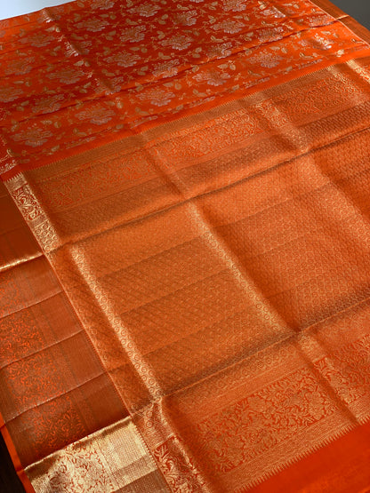 Rust Orange Floral Jaal in Pure Kanjivaram Silk