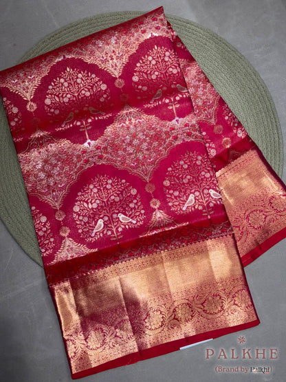 Rani Pink Floral and Bird Motifs in Pure Kanjivaram Silk