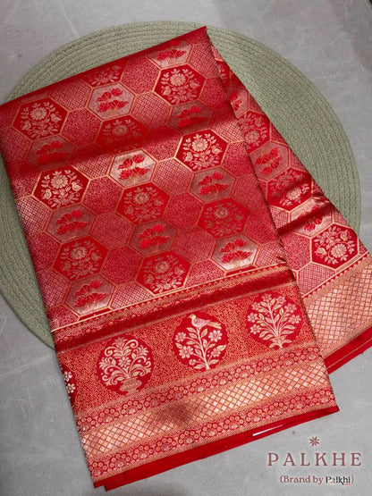 Red Kanjivaram Geometric Brocade in Pure Silk