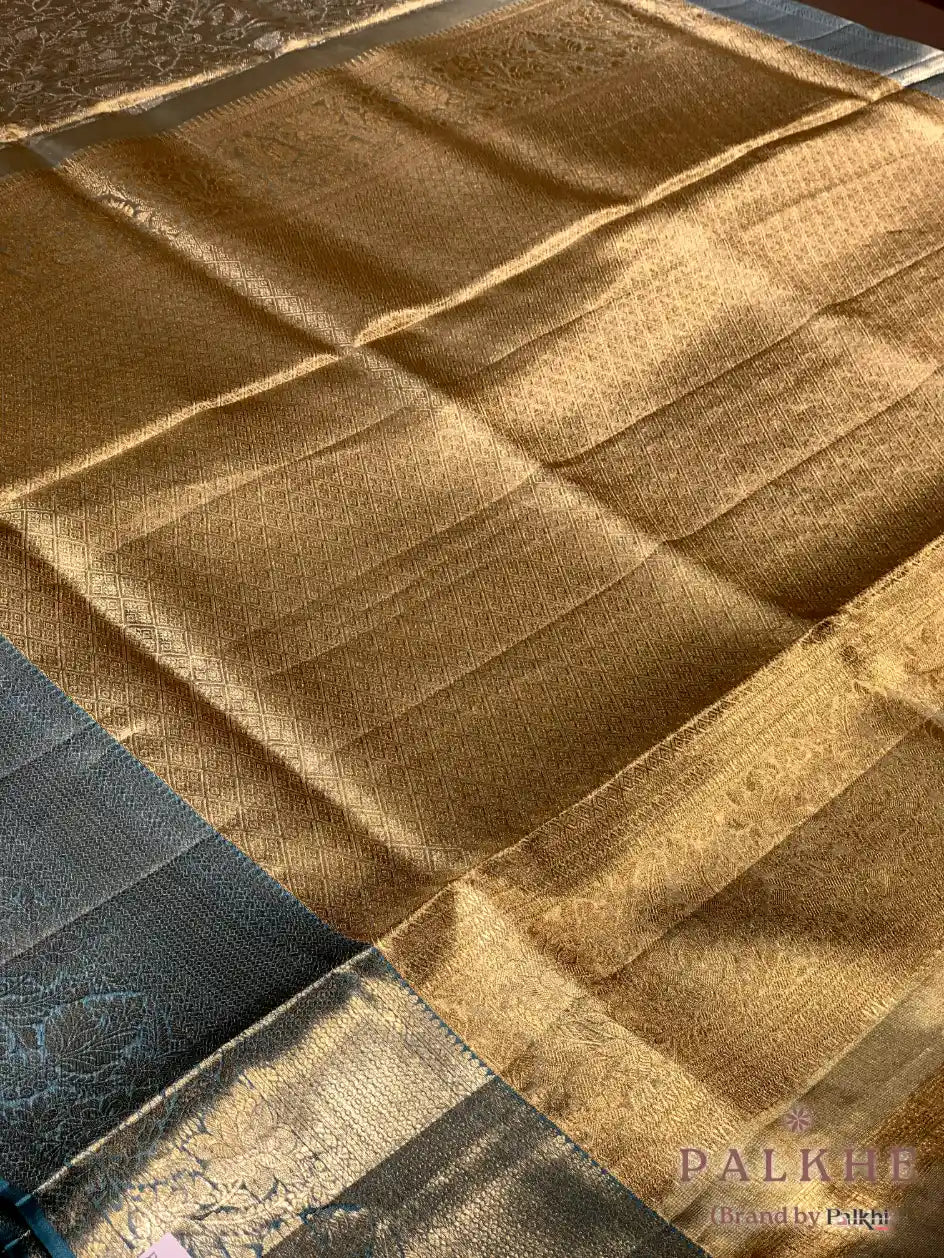Aqua Blue Kanjivaram Floral Jaal in Pure Kanjivaram Silk