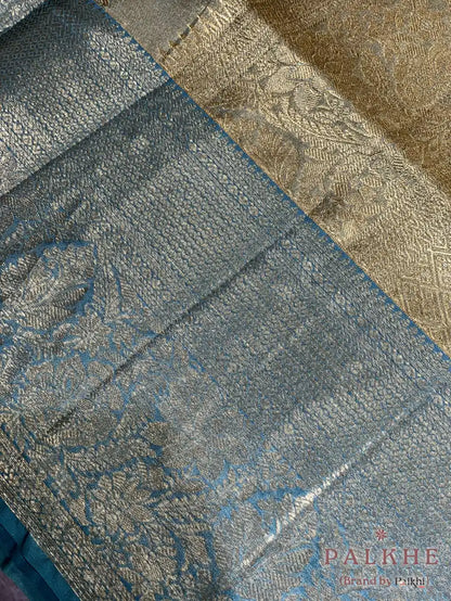 Aqua Blue Kanjivaram Floral Jaal in Pure Kanjivaram Silk