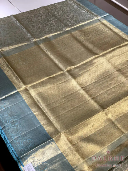 Aqua Blue Kanjivaram Floral Jaal in Pure Kanjivaram Silk