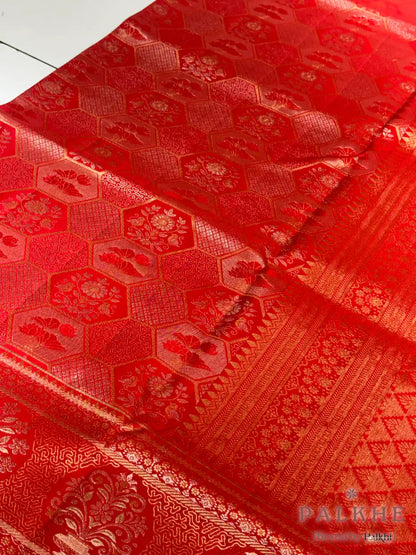 Red Kanjivaram Geometric Brocade in Pure Silk