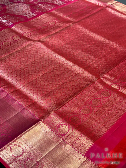 Rani Pink Floral and Bird Motifs in Pure Kanjivaram Silk