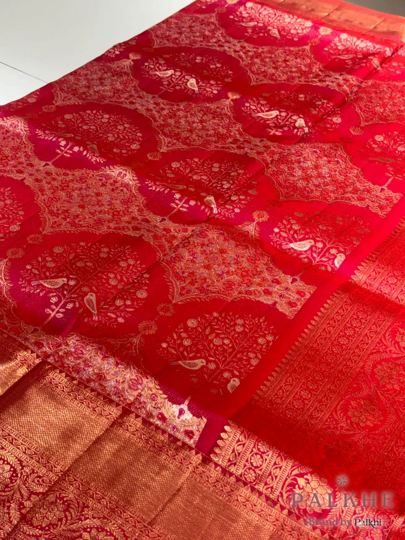 Rani Pink Floral and Bird Motifs in Pure Kanjivaram Silk