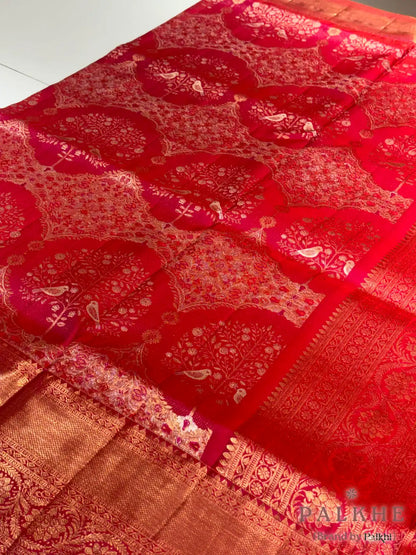 Rani Pink Floral and Bird Motifs in Pure Kanjivaram Silk