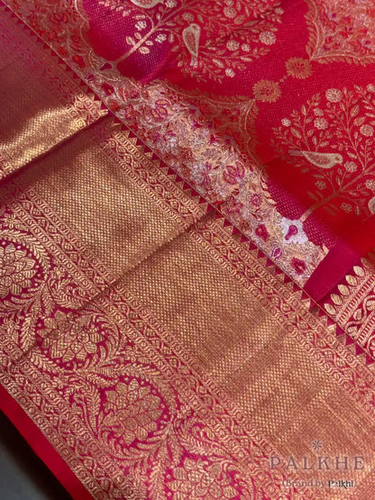 Rani Pink Floral and Bird Motifs in Pure Kanjivaram Silk