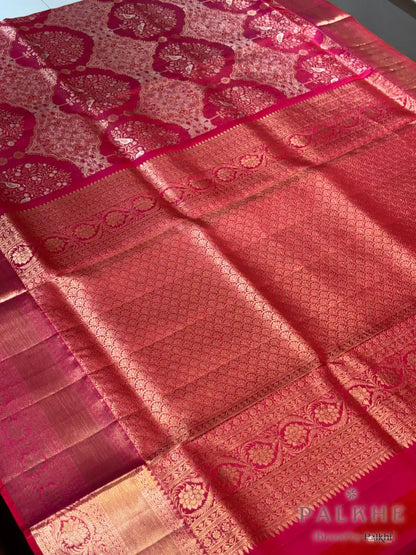 Rani Pink Floral and Bird Motifs in Pure Kanjivaram Silk