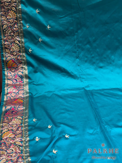 Rama Green Floral Jaal Semi Silk Banarasi x Hand Embroidery