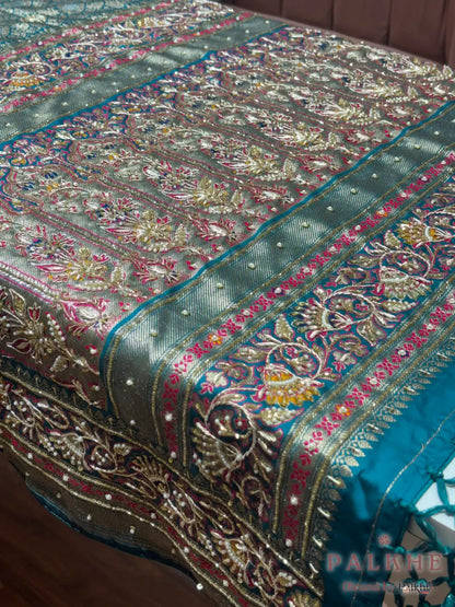 Rama Green Floral Jaal Semi Silk Banarasi x Hand Embroidery