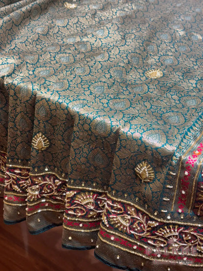 Rama Green Floral Jaal Semi Silk Banarasi x Hand Embroidery