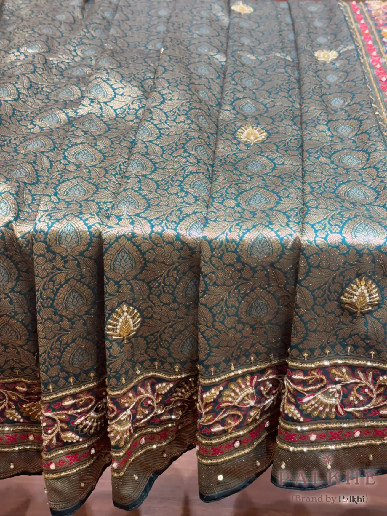 Rama Green Floral Jaal Semi Silk Banarasi x Hand Embroidery