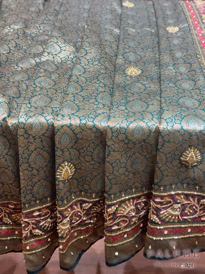 Rama Green Floral Jaal Semi Silk Banarasi x Hand Embroidery
